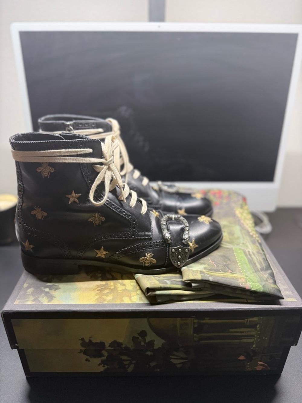 Gucci Queercore Black Lace-Up Ankle Boots with Gold Bee and Star Embroidery - Picture 2 of 4